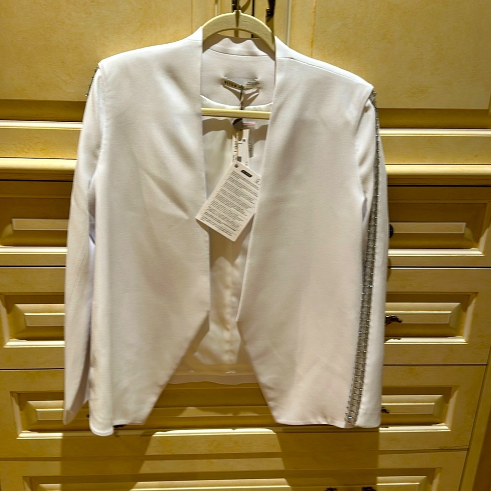 Alice + Olivia White Open-Front Jacket with Embellished Sleeve Trim